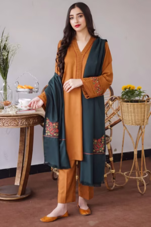 Rust orange 3-piece suit featuring embroidered shirt, straight trousers, and a green dupatta with intricate motifs, styled for casual and semi-formal wear.