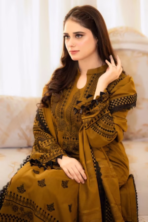 Chikankari embroidered outfit with detailed embroidery on the front, sleeves, back, and a peach leather blush stripe shawl.