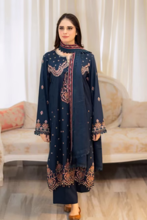 Elegant navy blue 3-piece embroidered suit with intricate patterns on the shirt, paired with matching trousers and a detailed dupatta, styled for festive and formal occasions.