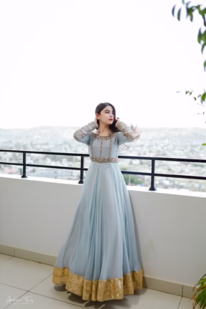 Solid powder grey hand-embellished long Anarkali set, designed for weddings, festive occasions, and formal events.