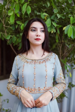 Solid powder grey hand-embellished long Anarkali set, designed for weddings, festive occasions, and formal events.