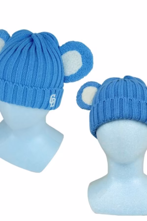 Blue knitted beanie cap with cute ear design, perfect for winter fashion and casual outings.