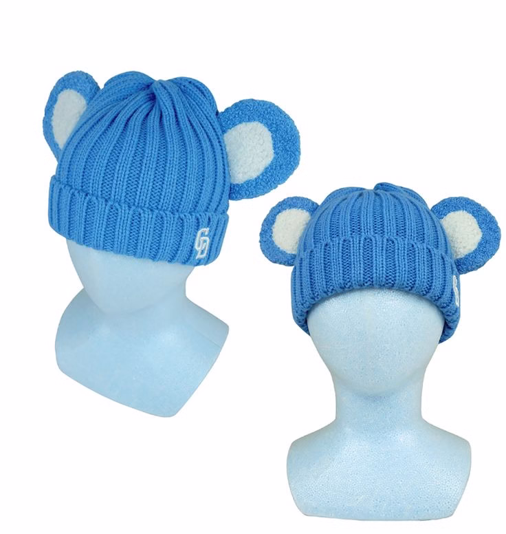 2d5b2cade1898805aede3f72c296d70b Blue knitted beanie cap with cute ear design, perfect for winter fashion and casual outings.