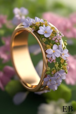 Golden ring with delicate lavender flowers and green leaves.
