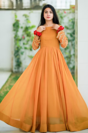 Solid Mustard Hand-Embellished Anarkali with flared design, perfect for weddings and festive occasions.
