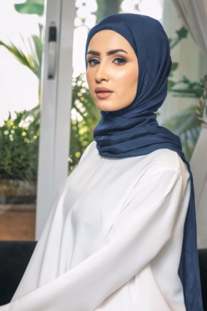 Luxurious navy blue silk hijab with a soft, elegant finish, ideal for formal, casual, and everyday wear.