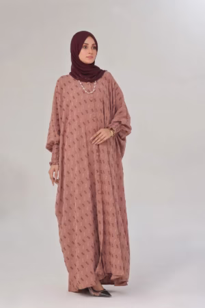 Front open-style peach abaya made with imported CY fabric, paired with a Korean chiffon sheila.