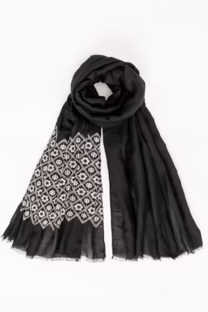 Black lawn hijab featuring intricate Mosaic embroidery.