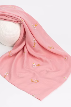 Bloom Stitch Lawn Hijab in Pink with lightweight, breathable fabric and elegant embroidery.