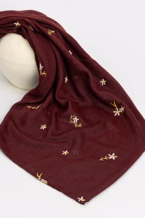 Maroon Bloom Stitch Lawn Hijab with breathable fabric and intricate embroidery, perfect for casual and formal wear.