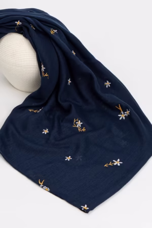 Navy Bloom Stitch Lawn Hijab with lightweight, breathable fabric and intricate embroidery for a refined look.