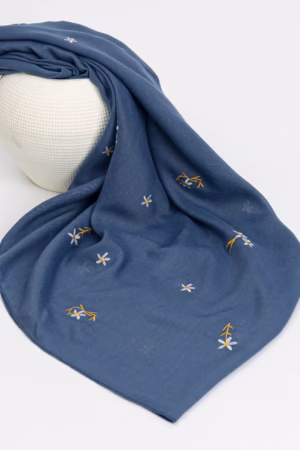 Denim Blue Bloom Stitch Lawn Hijab with lightweight, breathable fabric and intricate floral embroidery.