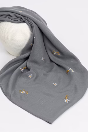 Charcoal Grey Bloom Stitch Lawn Hijab with lightweight, breathable fabric and intricate floral embroidery.
