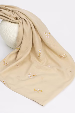 Bloom Stitch Embroidered Lawn Hijab in Beige, lightweight and breathable with an elegant embroidered design.