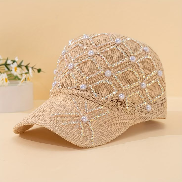 f3ce5b31df66be433dd2334212cc63d6 Pearl-Embellished Mesh Cap with Elegant Detailing for Women