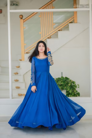 Solid royal blue embellished Anarkali dress with intricate detailing, paired with a matching dupatta, perfect for weddings and formal occasions.