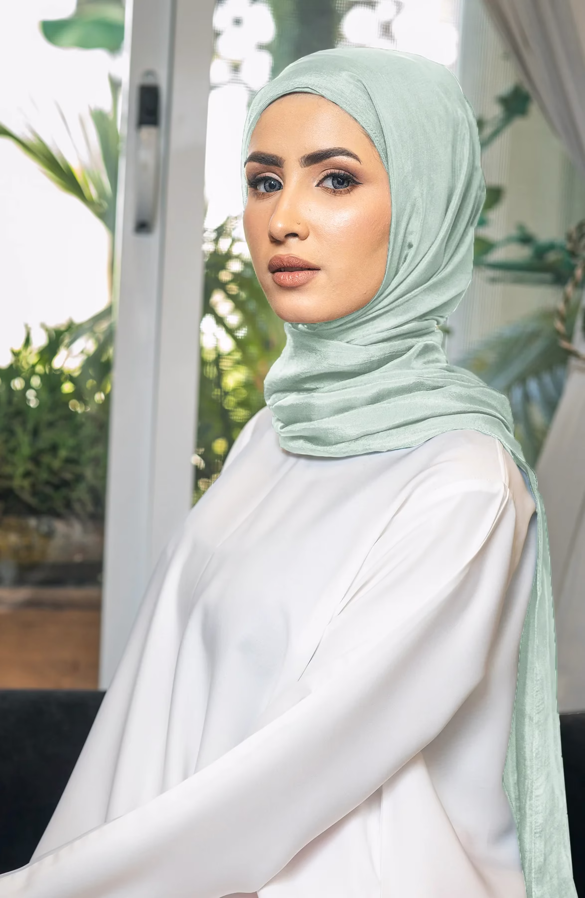Mint Silk Hijab – Fresh and Elegant Headscarf for Women Luxurious mint silk hijab with a soft, lightweight feel and a fresh, elegant color for versatile styling.
