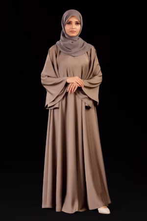 Elegant beige umbrella abaya with a flowy design, perfect for modest fashion and versatile styling.