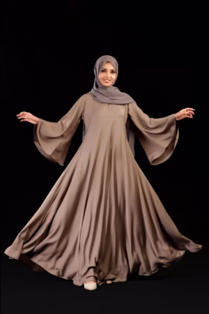 Elegant beige umbrella abaya with a flowy design, perfect for modest fashion and versatile styling.