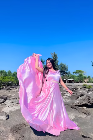 Baby Pink Heavy Flare Silk Maxi with elegant heavy flare, perfect for formal occasions.