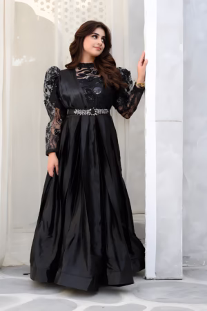 Black Sequin Maxi Gown with Belt & Dupatta – Perfect for Parties & Weddings | Perochak