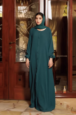 A Green Fancy Button Abaya displayed on a mannequin, highlighting its elegant tailoring and ornate button details.