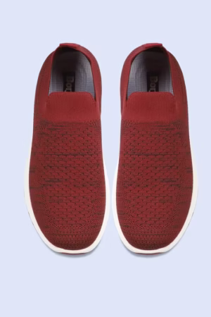 Red slip-on sneaker with a breathable knit upper and white sole, designed for casual and active use.