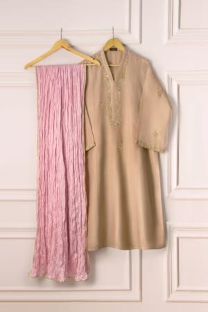 Blush beige embroidered kurta with pink dupatta set, ideal for weddings and festivals.