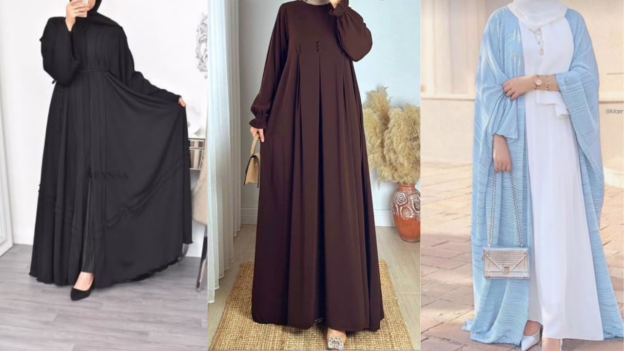Latest modern trendy abaya designs 2025 in black, pastel, and embroidered styles for modest fashion.