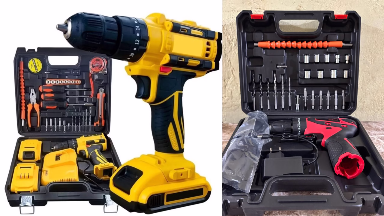 Durable cordless power tool set including drill, driver, saw, grinder, and accessories