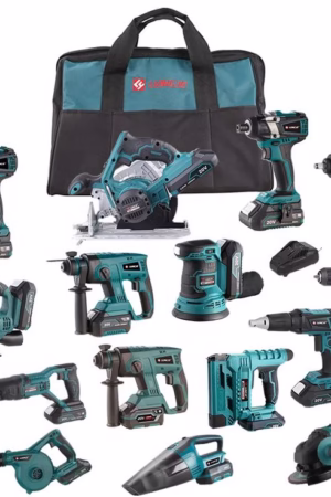 Complete power tools with accessories including drill, saw, grinder, bits, and safety gear
