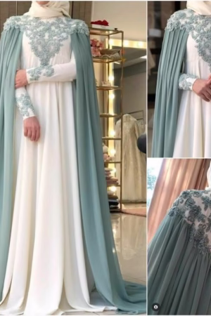 Bridal embroidered abaya in ivory with pearl and crystal detailing