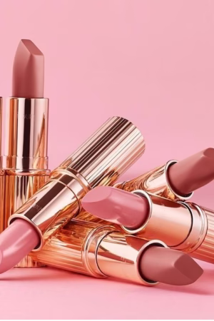 Nude matte lipstick in soft pink and brown shades for natural everyday look