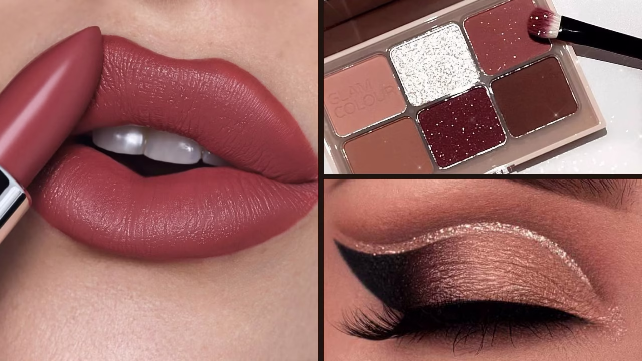 Collection of cosmetics including lipstick, foundation, eyeshadow, and skincare products