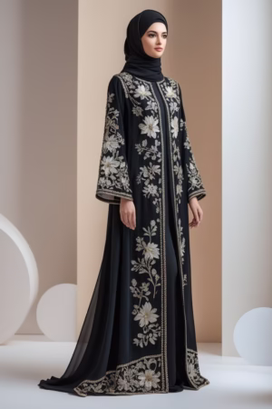 : Elegant black embroidered abaya with gold and silver thread detailing for women